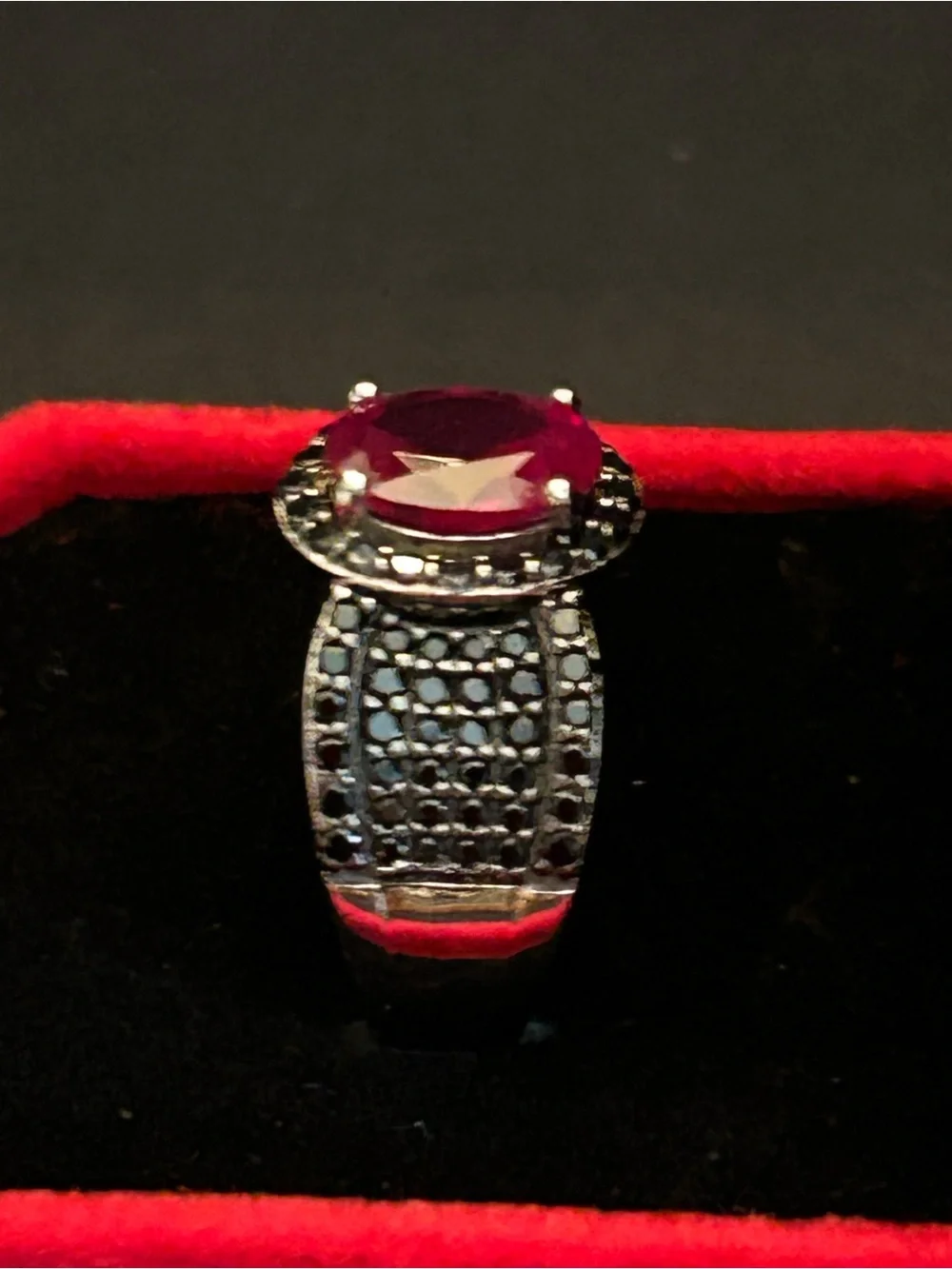 2.55CT Oval Lab Created Ruby & 2.40CT Round Black Spinel Halo 925 SSilver Ring